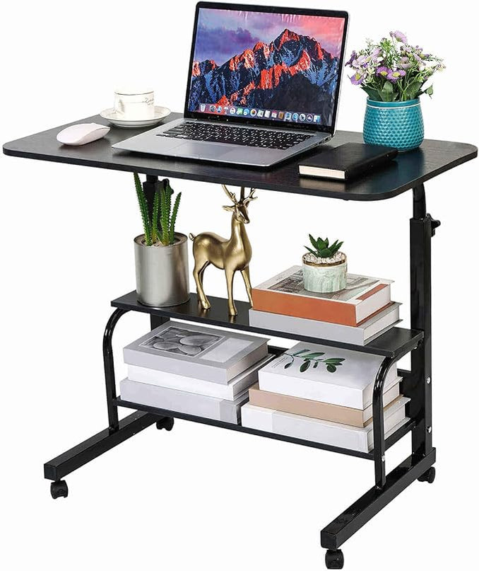 Adjustable Height Mobile Computer Desk for Small Space Rolling Desk with Wheels Desk Home Office Study Desk Portable for Bedrooms Work Desk Size 31.5x15.7 Inch Black with Storage Gaming Table B - LeafyLoom