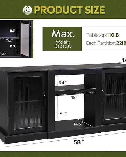 WLIVE Retro TV Stand for 65 inch TV, TV Console Cabinet with Storage, Open Shelves Entertainment Center for Living Room and Bedroom, Black - LeafyLoom