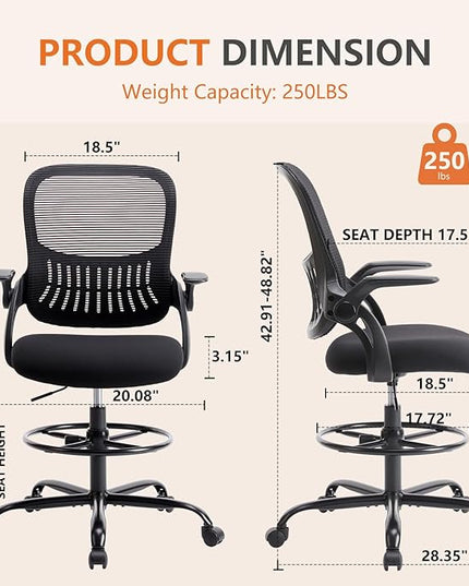 Sweetcrispy Home Office Drafting Desk Chair - Ergonomic High Stool Computer with Adjustable Height and Comfy Lumbar Support, Tall Rolling Task for Standing Desk with Flip-up Arm and Footrest, Black - LeafyLoom