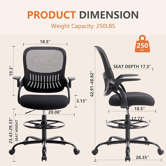 Sweetcrispy Home Office Drafting Desk Chair - Ergonomic High Stool Computer with Adjustable Height and Comfy Lumbar Support, Tall Rolling Task for Standing Desk with Flip-up Arm and Footrest, Black - LeafyLoom