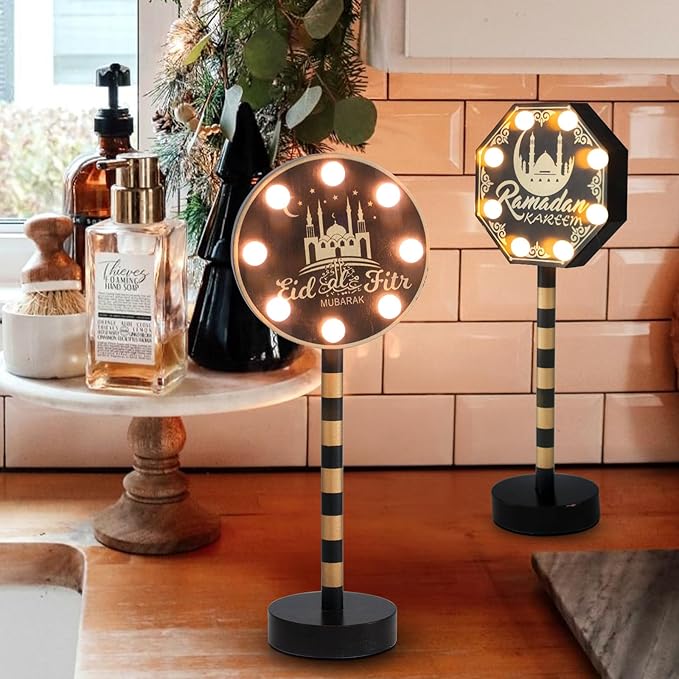 Vanthylit 2 Pack Ramadan Decorations for Home, Wooden Ramadan Mubarak Table Centerpiece Lights, Eid Mubarak Crafts Night Light Battery Powered Islamic Muslim Gifts for Party Desk Decor - LeafyLoom