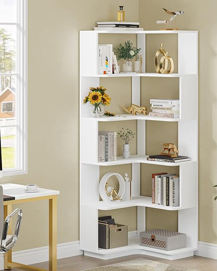 Corner Bookshelf, 64.9 Inch Tall Bookcase with Anti-Drop Panel, Modern Freestanding Corner Shelf Display Rack Storage Organizer for Home Office, Living Room, White - LeafyLoom