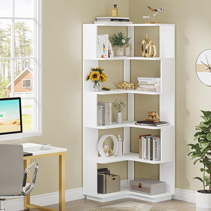 Corner Bookshelf, 64.9 Inch Tall Bookcase with Anti-Drop Panel, Modern Freestanding Corner Shelf Display Rack Storage Organizer for Home Office, Living Room, White - LeafyLoom