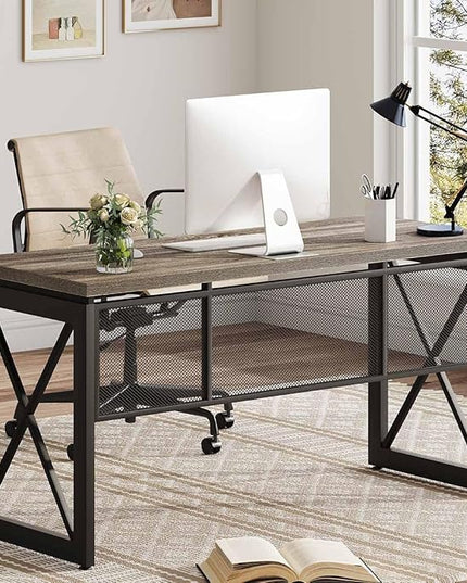 BON AUGURE Industrial Computer Desk, Rustic Wood Desk for Home Office, Sturdy Metal Writing Work Desk (60 Inch, Dark Grey Oak) - LeafyLoom