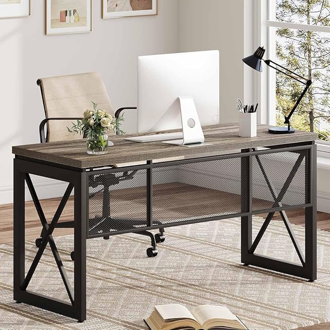 BON AUGURE Industrial Computer Desk, Rustic Wood Desk for Home Office, Sturdy Metal Writing Work Desk (60 Inch, Dark Grey Oak) - LeafyLoom