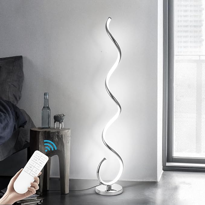 Spiral LED Floor Lamp for Living Room,40W Modern Floor Lamps with Remote Control, 3 Colors Stepless Dimmable Floor Standing Lamp Reading Corner Floor Tall Lamp for Bedroom Office - Chrome - LeafyLoom
