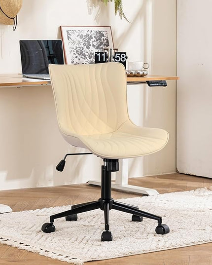 YOUTASTE Office Chair Armless Desk Chair Small Computer Swivel Rolling Chair with Wheels, Modern Upholstered PU Leather Computer Sewing Chair, Adjustable Home Office Desk Chairs, Beige - LeafyLoom