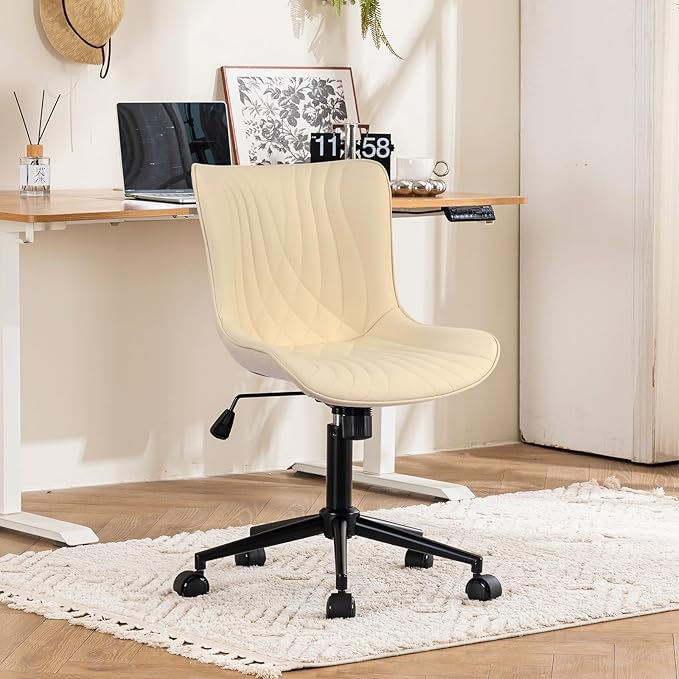 YOUTASTE Office Chair Armless Desk Chair Small Computer Swivel Rolling Chair with Wheels, Modern Upholstered PU Leather Computer Sewing Chair, Adjustable Home Office Desk Chairs, Beige - LeafyLoom