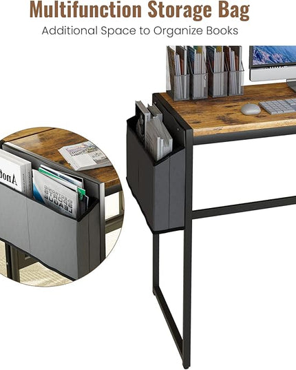 DKLGG Computer Desk 39" Home Office Desk Laptop Study Table Workstation with A Storage Bag and Headphone Hook Retro Industrial Design Small Computer Desk for Teens, Brown - LeafyLoom