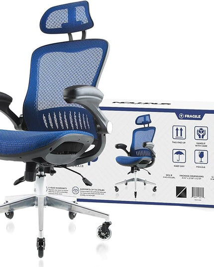 Nouhaus ErgoFlip Ergonomic Office Chair - Mesh Office Chair with Adjustable Headrest, Lumbar Support & Blade Wheels - Executive Swivel Desk Chair, Gaming Chair for Comfort and Durability (Blue) - LeafyLoom