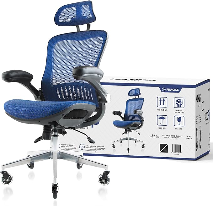 Nouhaus ErgoFlip Ergonomic Office Chair - Mesh Office Chair with Adjustable Headrest, Lumbar Support & Blade Wheels - Executive Swivel Desk Chair, Gaming Chair for Comfort and Durability (Blue) - LeafyLoom