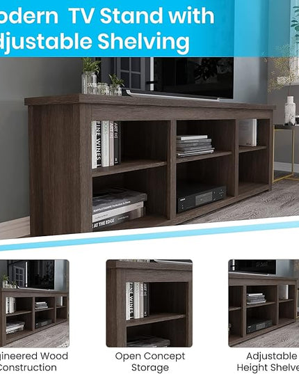 Flash Furniture Kilead TV Stand for up to 80" TVs - Modern Espresso Finish - 65" Engineered Wood Framed Media Console - 6 Open Storage Compartments - LeafyLoom