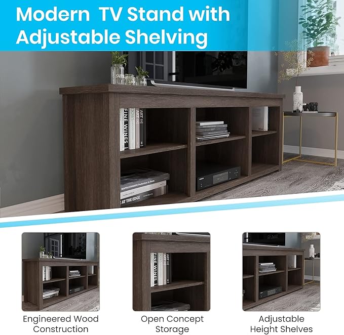 Flash Furniture Kilead TV Stand for up to 80" TVs - Modern Espresso Finish - 65" Engineered Wood Framed Media Console - 6 Open Storage Compartments - LeafyLoom