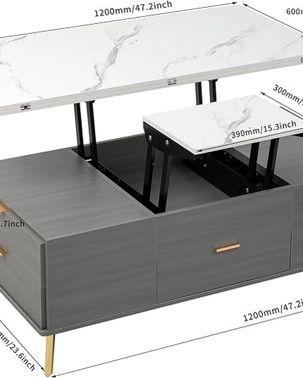 47 Inch Lift Top Coffee Table with 4 Drawers, Modern Center Table with Extendable Tabletop and Open Shelf, Multi Functional Coffee Table for Living Room, White+Grey - LeafyLoom