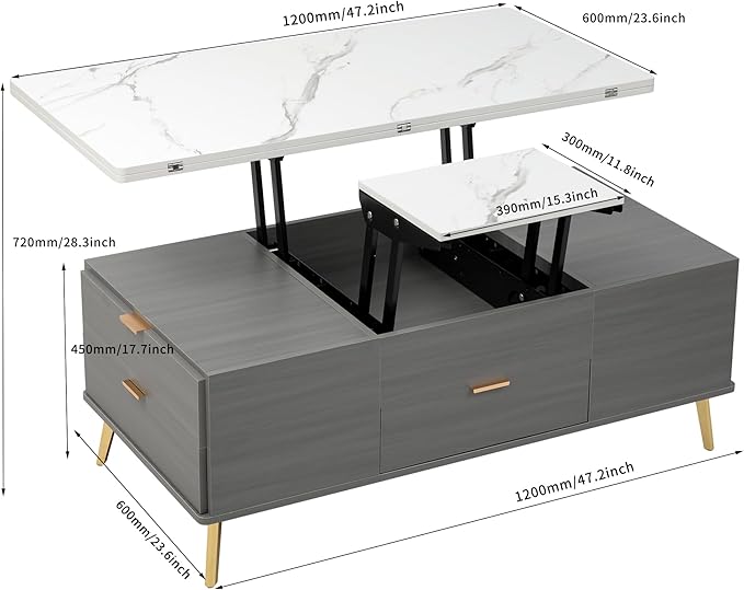 47 Inch Lift Top Coffee Table with 4 Drawers, Modern Center Table with Extendable Tabletop and Open Shelf, Multi Functional Coffee Table for Living Room, White+Grey - LeafyLoom