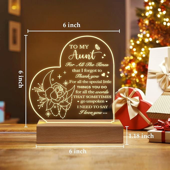 Aunt Birthday Gifts from Niece Nephew, to My Aunt Acrylic Engraved Night Light with Base for Aunt Mother's Day Thanksgiving Birthday Christmas Gifts - LeafyLoom