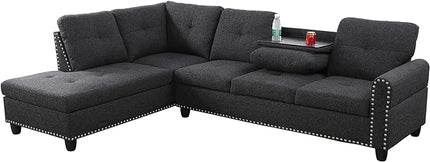 L Shaped Sofa with Ottoman Modern Sectional Living Room, Bedroom, Office, L Couch Black Grey - LeafyLoom