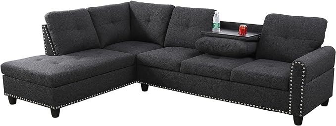 L Shaped Sofa with Ottoman Modern Sectional Living Room, Bedroom, Office, L Couch Black Grey - LeafyLoom