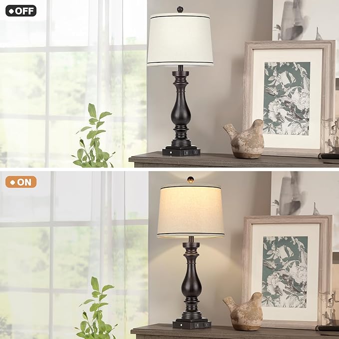 29" Tall Table Lamp for living room set of 2,Farmhouse Vintage Bedside Nightstand Lamps with USB C+A Ports & AC Outlet,3-Way Dimmable Touch Control Retro Black Lamp for Bedroom,color 5 - LeafyLoom