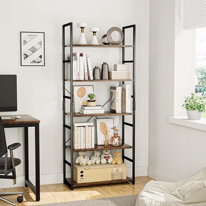OTK 5 Tier Bookshelf, Tall Bookcase, Office Shelf Storage Organizer, Modern Book Shelf for Living Room, Bedroom, and Home Office, Vintage - LeafyLoom