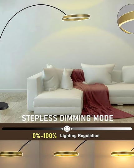 Contemporary 81" Tall LED Overreaching Sofa Arched Floor Lamp with Remote Control - Modern Standing Corner Light, Gold Metal Shade, Real Marble Base - Ideal for Bedrooms and Living Room Décor - LeafyLoom