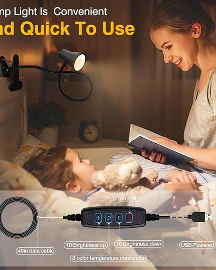 Clip on Light Reading for Bed LED Desk Lights 3 Color Modes 10 Brightness USB Lamp Eye Care 360° Flexible Gooseneck Dimmable for Headboard Computer Read Books Task Lamps with Adapter Bookmark(Black) - LeafyLoom