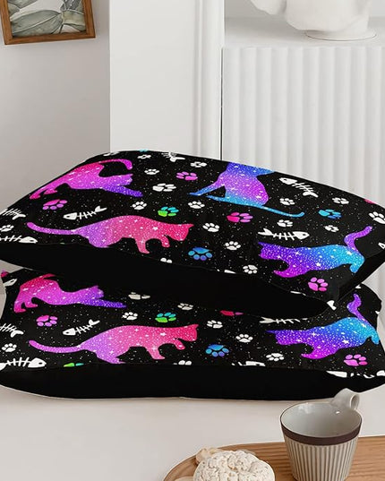 Cute Cat Comforter Kids Bedding Set Full,3Pcs Soft Paw Fish Bone Print Quilt Set Bed in A Bag with 1 Comforter 2 Pillowcases for Kids Boys Girls Teens Adults Room Decor All Season Gradient Purple Blue - LeafyLoom