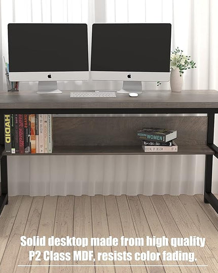 TOPSKY Computer Desk with Bookshelf/Metal Hole Cable Cover 1.18" Thick Desk (55", Espresso Gray) - LeafyLoom