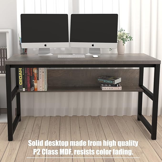 TOPSKY Computer Desk with Bookshelf/Metal Hole Cable Cover 1.18" Thick Desk (55", Espresso Gray) - LeafyLoom