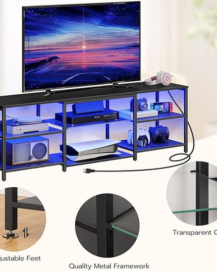 HOOBRO LED TV Stand for 75 Inch TVs with Charging Station, Gaming Entertainment Center with 3-Tier Open Storage, Long 63” Media TV Console Table, TV Stand for Living Room, Bedroom, Black BB21UDDS01 - LeafyLoom
