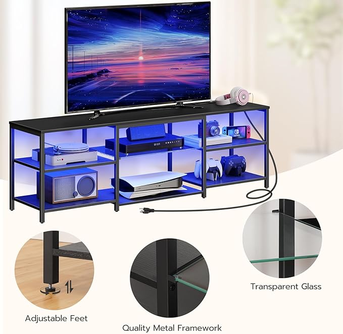 HOOBRO LED TV Stand for 75 Inch TVs with Charging Station, Gaming Entertainment Center with 3-Tier Open Storage, Long 63” Media TV Console Table, TV Stand for Living Room, Bedroom, Black BB21UDDS01 - LeafyLoom