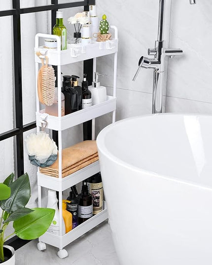 Arogan Slim Rolling Storage Cart with Wheels, 4 Tier Bathroom Storage Cart Laundry Room Organizer, Rolling Utility Cart for Kitchen, Bathroom, Laundry Room, Office, Narrow Place (White) - LeafyLoom