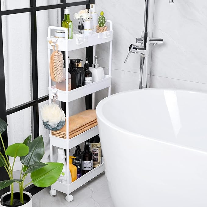 Arogan Slim Rolling Storage Cart with Wheels, 4 Tier Bathroom Storage Cart Laundry Room Organizer, Rolling Utility Cart for Kitchen, Bathroom, Laundry Room, Office, Narrow Place (White) - LeafyLoom