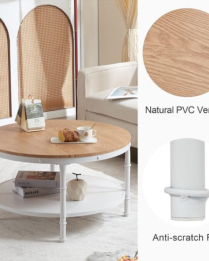VINGLI 31.5" Natural White Round Farmhouse Coffee Table, 2-Tier Storage Wood Center Circle Accent Table for Living Room, Bedroom, Apartment, Studio and Small Spaces, Sturdy Metal Frame, Natural Color - LeafyLoom