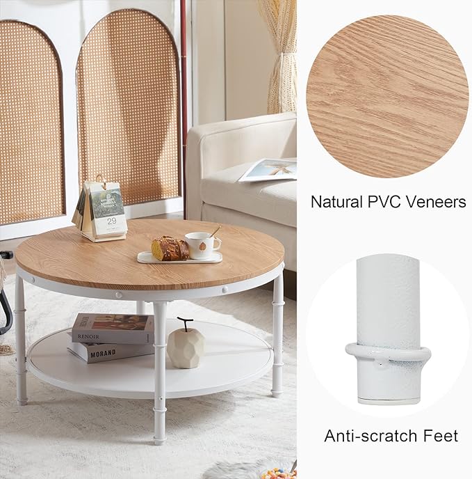 VINGLI 31.5" Natural White Round Farmhouse Coffee Table, 2-Tier Storage Wood Center Circle Accent Table for Living Room, Bedroom, Apartment, Studio and Small Spaces, Sturdy Metal Frame, Natural Color - LeafyLoom