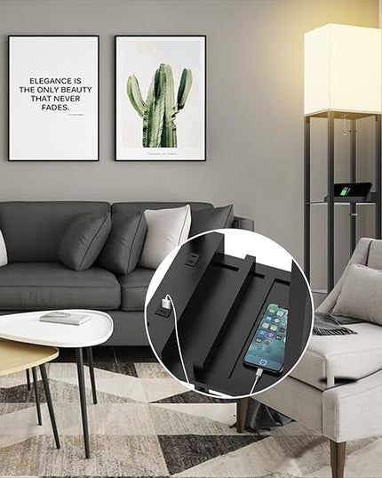PAZZO Floor Lamp with Shelves, Shelf Lamps by Real Solid Wood with 2 Charging Ports and 1 Power Outlet, Floor Lamps for Bedrooms, Lamps for Living Room,Bulb Included,Matt Black - LeafyLoom