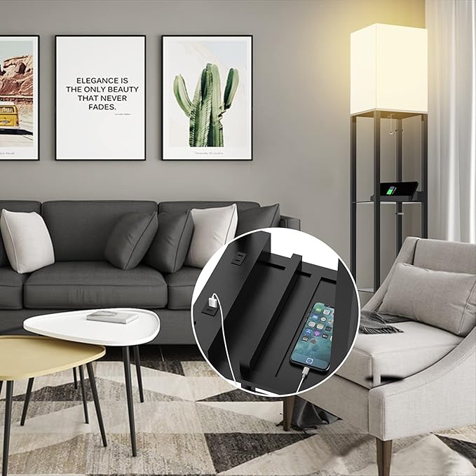 PAZZO Floor Lamp with Shelves, Shelf Lamps by Real Solid Wood with 2 Charging Ports and 1 Power Outlet, Floor Lamps for Bedrooms, Lamps for Living Room,Bulb Included,Matt Black - LeafyLoom