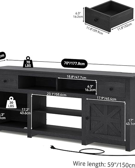 YITAHOME Farmhouse TV Stand, Entertainment Center with Power Outlet for TVs Up to 80 Inch, TV Console with Storage Drawer & Movable Partition, Rustic TV Stand for Living Room, 70" Black - LeafyLoom