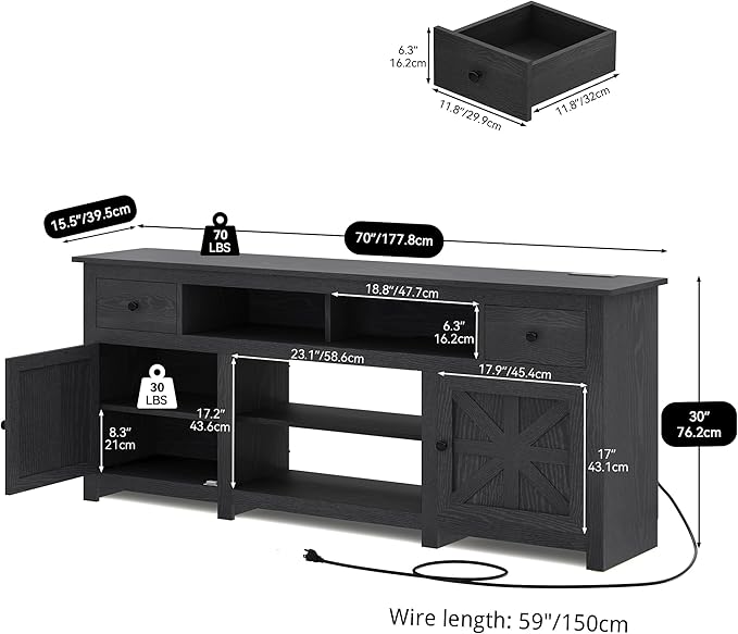 YITAHOME Farmhouse TV Stand, Entertainment Center with Power Outlet for TVs Up to 80 Inch, TV Console with Storage Drawer & Movable Partition, Rustic TV Stand for Living Room, 70" Black - LeafyLoom