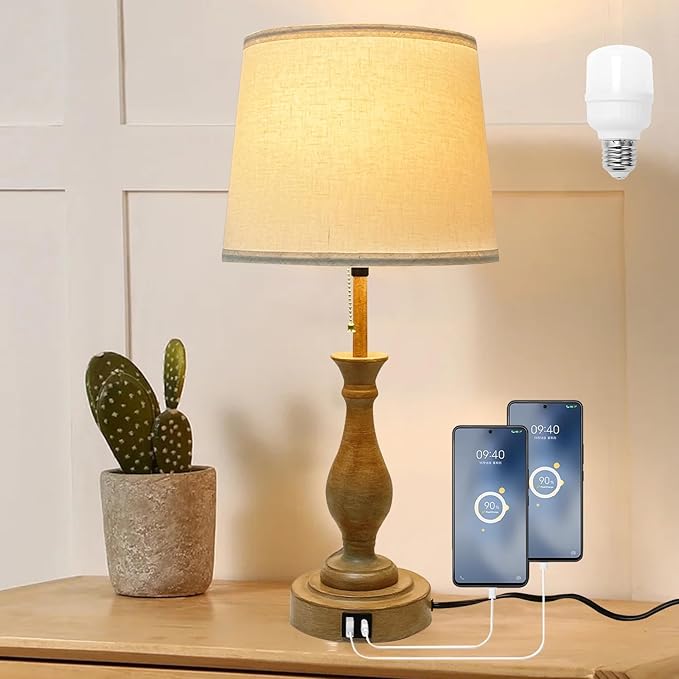 Farmhouse Table Lamp 3-Way Dimmable Table Lamp, Modern Nightstand Lamp with 2 USB Port Pull Chain Bedside Desk Lamp with Fabric Shade for Living Room Bedroom Hotel (Metal-Pack-02) - LeafyLoom