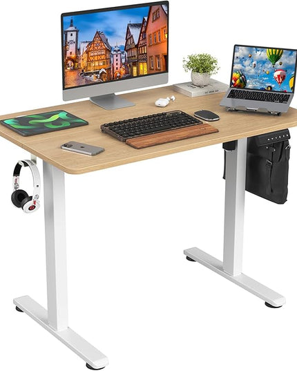 STARY Electric Adjustable Height Sit Stand Home Office Desk with Splice Board, 40x24, Castin Oak Desktop/White Frame - LeafyLoom