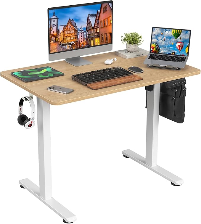STARY Electric Adjustable Height Sit Stand Home Office Desk with Splice Board, 40x24, Castin Oak Desktop/White Frame - LeafyLoom