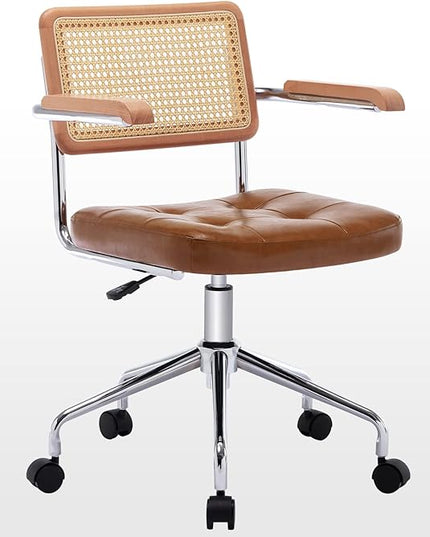 Zesthouse Modern Home Office Chair Leather Desk Chair with Natural Rattan Back, Vanity Chair for Girls Women, Upholstered Tufted Swivel Armchair, Height Adjustable Computer Task Chair - LeafyLoom
