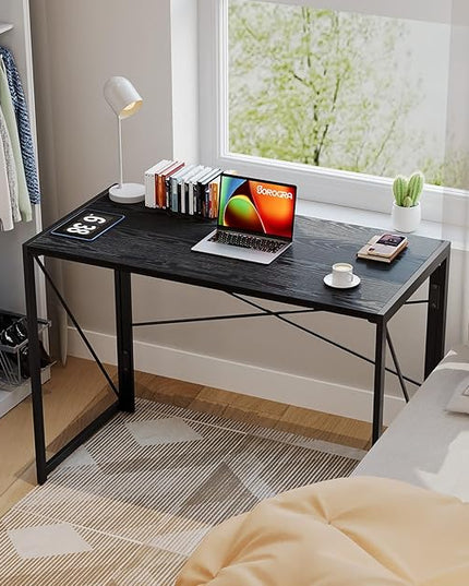 Coavas 39.4 inch Folding Desk No Assembly Required, Writing Computer Desk Space Saving Foldable Table Simple Home Office Desk, Black Wood - LeafyLoom