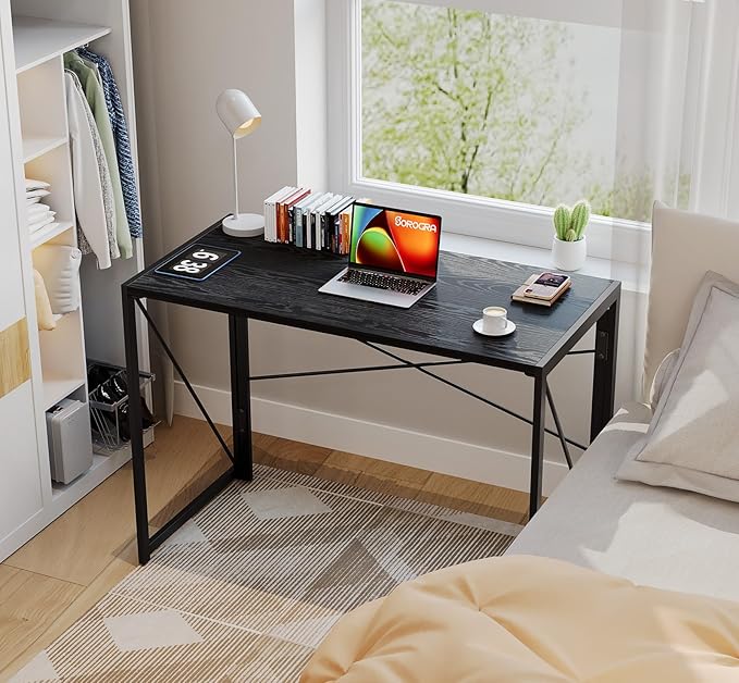 Coavas 39.4 inch Folding Desk No Assembly Required, Writing Computer Desk Space Saving Foldable Table Simple Home Office Desk, Black Wood - LeafyLoom
