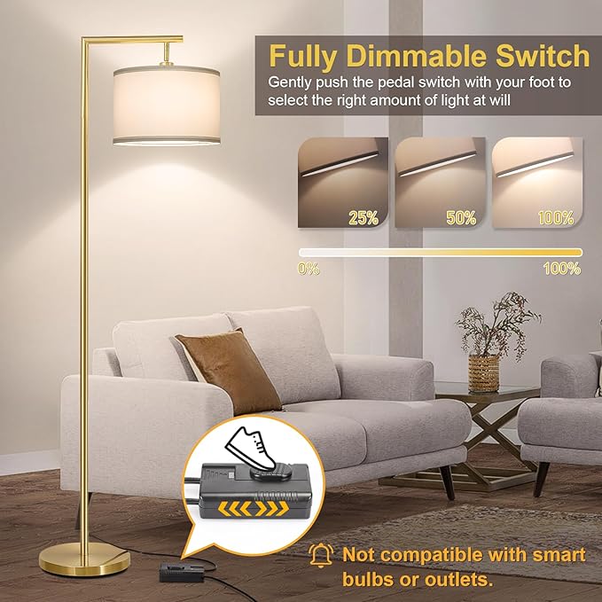 Boncoo Gold Floor Lamp, Montage Modern Standing Lamp with Flexible Lamp Head, Dimmable Floor Lamp for Living Room Tall Over Couch Reading Light for Bedroom, Office, 9W LED Bulb Included - LeafyLoom