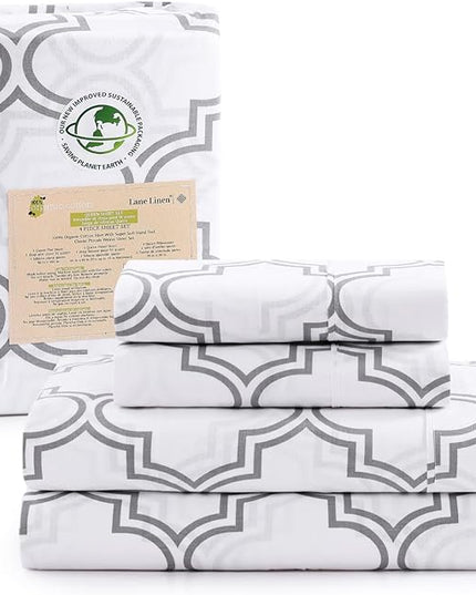 LANE LINEN 100% Organic Cotton Sheets Queen, 4-Piece Bed Sheets Queen Size Cotton, Luxury Sheets, Percale Weave,Breathable Bed Sheets Queen Size Deep Pockets Fits Upto 15" - Trellis Silver - LeafyLoom