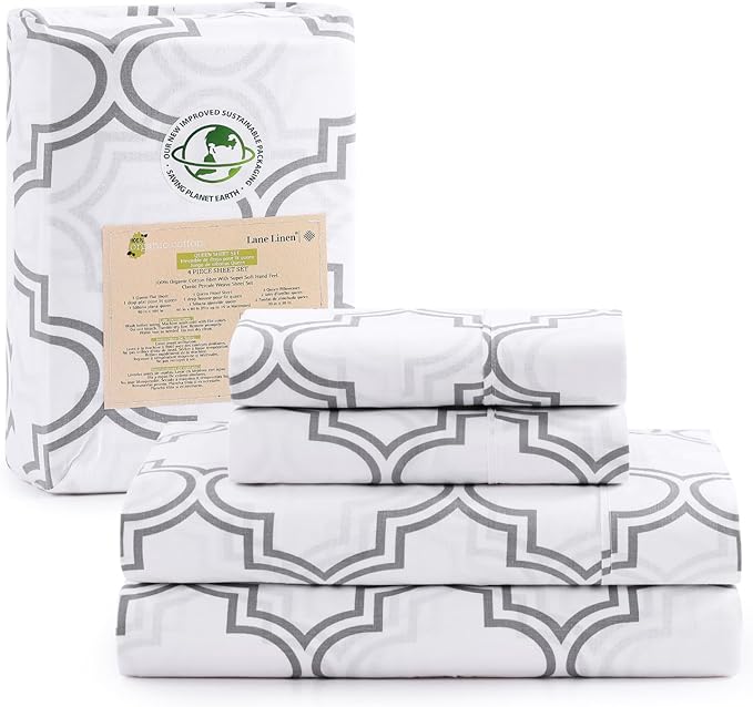 LANE LINEN 100% Organic Cotton Sheets Queen, 4-Piece Bed Sheets Queen Size Cotton, Luxury Sheets, Percale Weave,Breathable Bed Sheets Queen Size Deep Pockets Fits Upto 15" - Trellis Silver - LeafyLoom