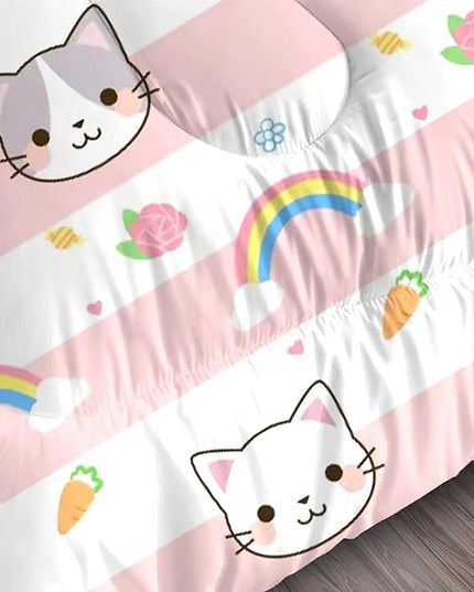 Cat Bedding Twin Size Pink Plaid Rainbow Comforter Set for Girls Kids Children Cloud Cute Kawaii Boho Bedroom Dorm Quilt 1 Comforter + 1 Pillow Case - LeafyLoom