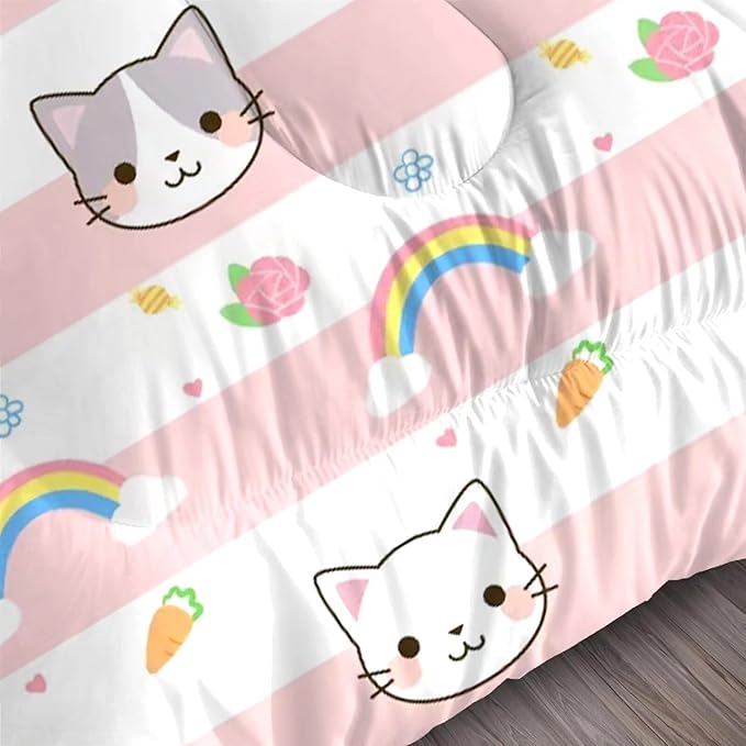 Cat Bedding Twin Size Pink Plaid Rainbow Comforter Set for Girls Kids Children Cloud Cute Kawaii Boho Bedroom Dorm Quilt 1 Comforter + 1 Pillow Case - LeafyLoom